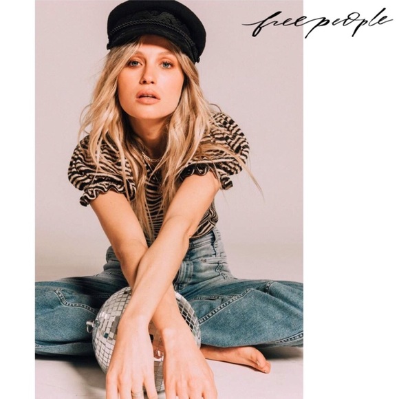 Free People Ruffle Sleeve Tee Blouse Striped - Picture 5 of 8